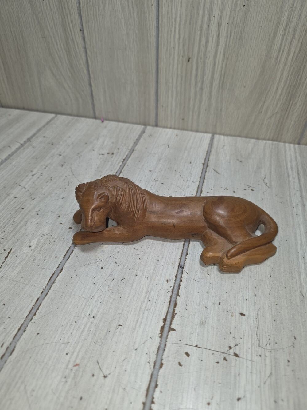 Vintage Hand Carved Wood Laying Lion Sculpture Figure Folk Art 7" Safari Animal